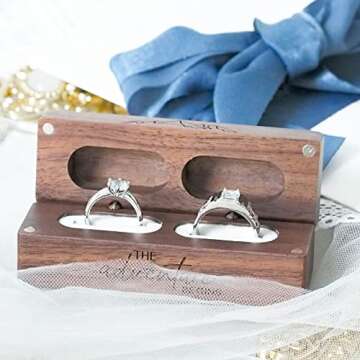 Muchly Engraved Flip Wooden 2 Ring box for wedding -Rustic Vintage Solid Wood rectangle Jewelry Storage Box