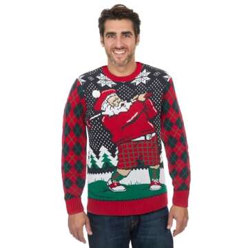 The Ugly Sweater Co. Mens Sports Golf Sports Ugly Christmas Sweater for Holiday Fun Design, Snug Fit Breathable Crewneck (Twilight Golfing Santa, Medium)