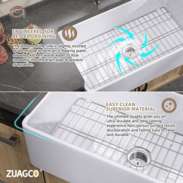 ZUAGCO White Farmhouse Sink 33 inch Fireclay Apron Front Farm Sink Large Capacity Deep Single Bowl Kitchen Sinks with Accessories Protective Bottom Grid and Strainer
