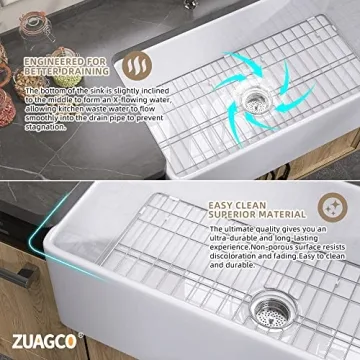 ZUAGCO White Farmhouse Sink 33 inch Fireclay Apron Front Farm Sink Large Capacity Deep Single Bowl Kitchen Sinks with Accessories Protective Bottom Grid and Strainer