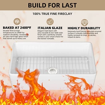 ZUAGCO White Farmhouse Sink 33 inch Fireclay Apron Front Farm Sink Large Capacity Deep Single Bowl Kitchen Sinks with Accessories Protective Bottom Grid and Strainer