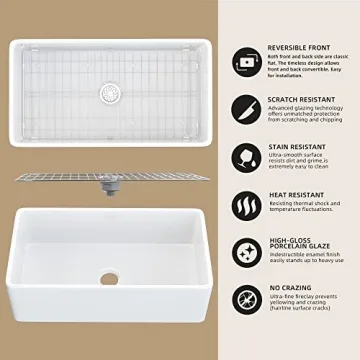 ZUAGCO White Farmhouse Sink 33 inch Fireclay Apron Front Farm Sink Large Capacity Deep Single Bowl Kitchen Sinks with Accessories Protective Bottom Grid and Strainer