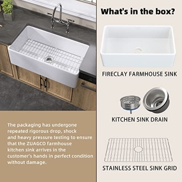 ZUAGCO White Farmhouse Sink 33 inch Fireclay Apron Front Farm Sink Large Capacity Deep Single Bowl Kitchen Sinks with Accessories Protective Bottom Grid and Strainer