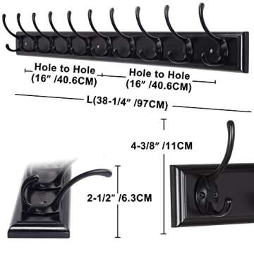 Dseap Coat Rack Wall Mounted: 10-Hooks, 38-1/4" Long, 16" Hole to Hole, Wood Coat Hooks Wall Mounted...