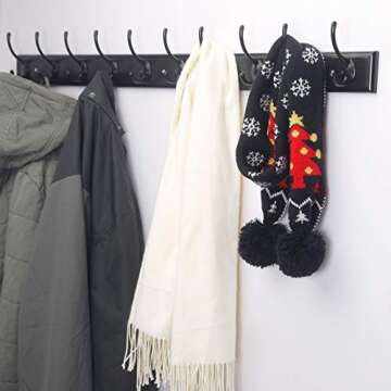 Dseap Coat Rack Wall Mounted: 10-Hooks, 38-1/4" Long, 16" Hole to Hole, Wood Coat Hooks Wall Mounted, Hook Rack, Hook Rail, Hooks for Hanging Coats, Black