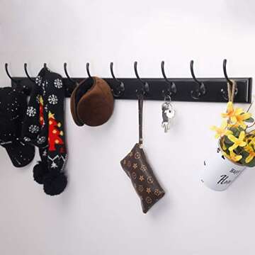 Dseap Coat Rack Wall Mounted: 10-Hooks, 38-1/4" Long, 16" Hole to Hole, Wood Coat Hooks Wall Mounted, Hook Rack, Hook Rail, Hooks for Hanging Coats, Black