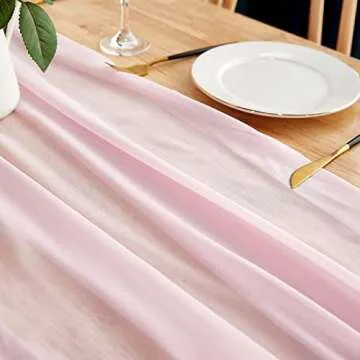 Yourose 5PCS 10ft-29x120 Inches Blushing Pink Chiffon Table Runner ,Gauze Table Runner,Rustic Sheer Fabric for Romantic Wedding Decorations,Baby Shower and Birthday Party Table Decorations