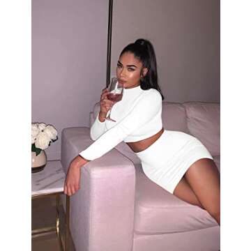 GOBLES Women's 2 Piece Skirt Sets Long Sleeve Bodycon Elegant Dress Outfits White