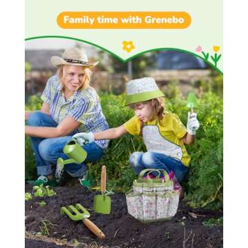 Kids Gardening Set Toys, Quality Garden Tool Kit for Kids and Toddlers, Includes Two Shovels, Garden hat,Rake, Apron,Gloves, Watering Can, and Tool Bag (Green)