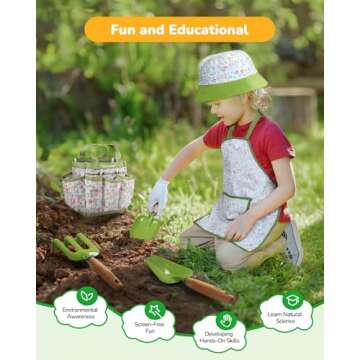 Kids Gardening Set Toys, Quality Garden Tool Kit for Kids and Toddlers, Includes Two Shovels, Garden hat,Rake, Apron,Gloves, Watering Can, and Tool Bag (Green)