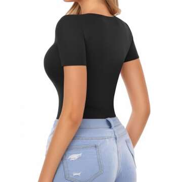 MANGOPOP Short Sleeve Bodysuits for Women Scoop Neck Ribbed Body Suit Stretchy Basic T Shirt Tops