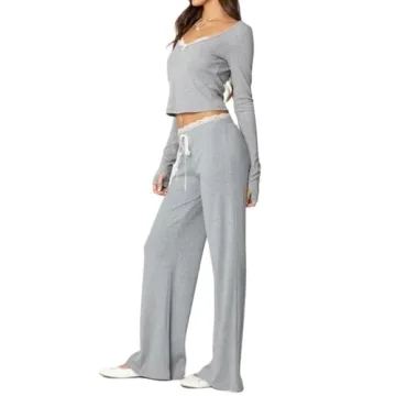 Women Lace Trim Pants Sets Spring 2 Piece Outfit Long Sleeve Crop Top and Long Pants Suit Fall Lounge Set Streetwear (Grey, L)