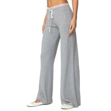 Women Lace Trim Pants Sets Spring 2 Piece Outfit Long Sleeve Crop Top and Long Pants Suit Fall Lounge Set Streetwear (Grey, L)