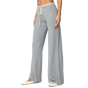 Women Lace Trim Pants Sets Spring 2 Piece Outfit Long Sleeve Crop Top and Long Pants Suit Fall Lounge Set Streetwear (Grey, L)