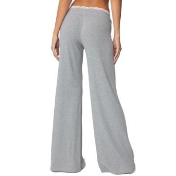 Women Lace Trim Pants Sets Spring 2 Piece Outfit Long Sleeve Crop Top and Long Pants Suit Fall Lounge Set Streetwear (Grey, L)