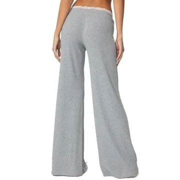 Women Lace Trim Pants Sets Spring 2 Piece Outfit Long Sleeve Crop Top and Long Pants Suit Fall Lounge Set Streetwear (Grey, L)