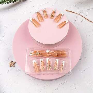 Long Square Press on Nails French Tip Fake Nails Glitter False Nails with Luxury Rhinestones and But...