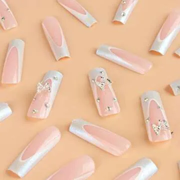 Long Square Press on Nails French Tip Fake Nails Glitter False Nails with Luxury Rhinestones and Butterfly Charm Designs Acrylic Nails Full Cover Glossy Stick on Nails for Women Nail Decorations