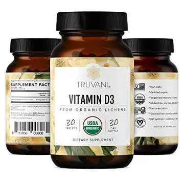Truvani Organic Vitamin D3 - Plant-Based, USDA Organic, Gluten-Free, Non-GMO, Vegan D3 Supplement - Supports Bone, Immune & Brain Health - 30 Tablets