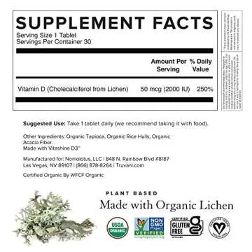 Truvani Organic Vitamin D3 - Plant-Based, USDA Organic, Gluten-Free, Non-GMO, Vegan D3 Supplement - Supports Bone, Immune & Brain Health - 30 Tablets