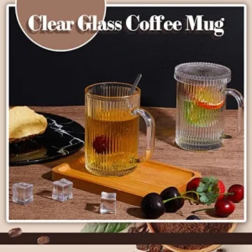 Suclain Ribbed Glass Coffee Mugs Set with Lid and Spoon