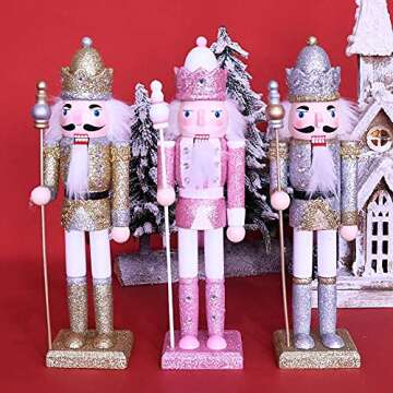BEOSOFLOY Nutcracker Soldier 12in Christmas Nutcracker Figure Wooden Pink Nutcracker Soldier Festive Glitter Collectible Nutcracker Figures Toy Christmas Décor for Shelves and Tables