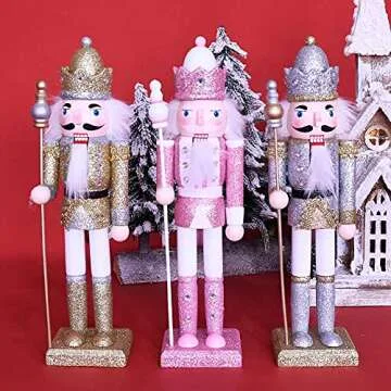 BEOSOFLOY Nutcracker Soldier 12in Christmas Nutcracker Figure Wooden Pink Nutcracker Soldier Festive Glitter Collectible Nutcracker Figures Toy Christmas Décor for Shelves and Tables