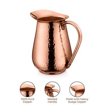 AVADOR Handcrafted 100% Pure Copper Jug Pitcher Drinkware Hammered Finish Ayurveda Health Benefit (Design 2)