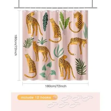 Lindameler Leopard Shower Curtain, Tropical Botanical Shower Curtain Cute Shower Curtain Pink Cheetah Shower Curtain for Simple Home Decor, Waterproof Fabric Cloth with 12 Hooks 72X72