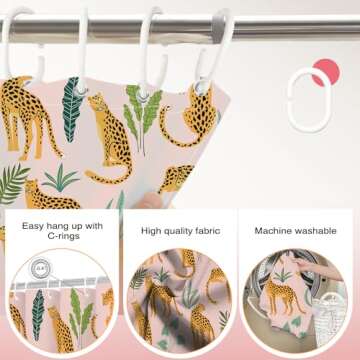 Lindameler Leopard Shower Curtain, Tropical Botanical Shower Curtain Cute Shower Curtain Pink Cheetah Shower Curtain for Simple Home Decor, Waterproof Fabric Cloth with 12 Hooks 72X72