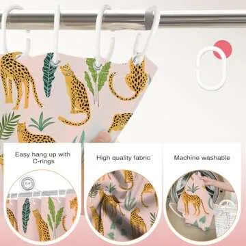 Lindameler Leopard Shower Curtain, Tropical Botanical Shower Curtain Cute Shower Curtain Pink Cheetah Shower Curtain for Simple Home Decor, Waterproof Fabric Cloth with 12 Hooks 72X72