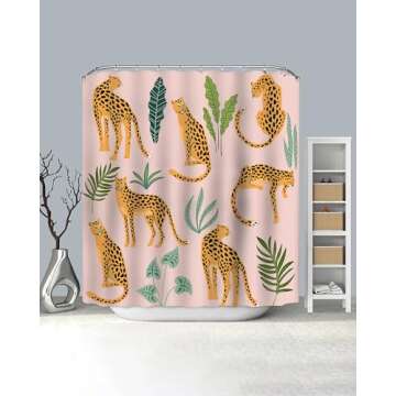 Lindameler Leopard Shower Curtain, Tropical Botanical Shower Curtain Cute Shower Curtain Pink Cheetah Shower Curtain for Simple Home Decor, Waterproof Fabric Cloth with 12 Hooks 72X72
