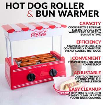 Nostalgia Coca-Cola Hot Dog Roller - Holds 8 Regular or 4-Foot-Long Hot Dogs, Bun Warmer & Stainless...