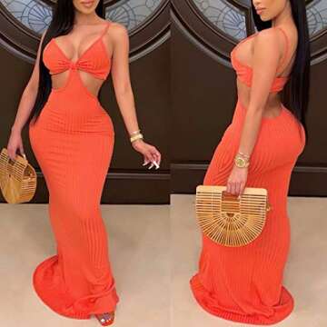 IyMoo Womens Summer Maxi Dresses-Sexy Spaghetti Strap Bandage Long Beach Holiday Dress 315 Orange XL