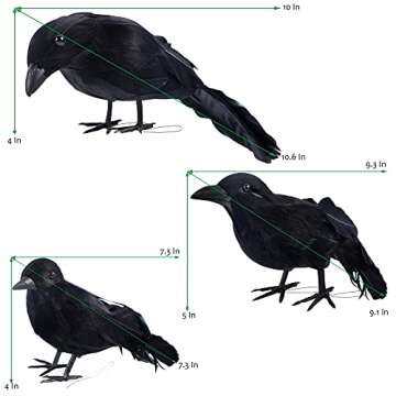 ATDAWN 3 Pack Halloween Black Feathered Crows, Realistic Looking Raven, Halloween Prop Decor, Spooky Halloween Party Home Decorations