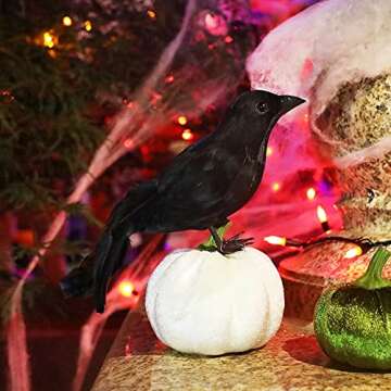 ATDAWN 3 Pack Halloween Black Feathered Crows, Realistic Looking Raven, Halloween Prop Decor, Spooky Halloween Party Home Decorations