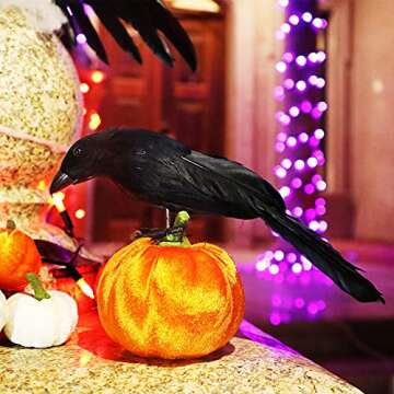 ATDAWN 3 Pack Halloween Black Feathered Crows, Realistic Looking Raven, Halloween Prop Decor, Spooky Halloween Party Home Decorations