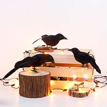 ATDAWN 3 Pack Halloween Black Feathered Crows, Realistic Looking Raven, Halloween Prop Decor, Spooky Halloween Party Home Decorations