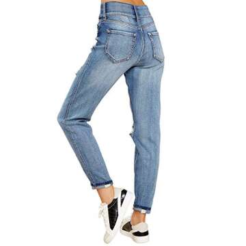 Vetinee Women's Gentle Sea Blue High Rise Front Buttons Destroyed Boyfriend Tapered Mom Jeans Washed...