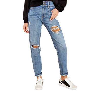 Vetinee Women's Gentle Sea Blue High Rise Front Buttons Destroyed Boyfriend Tapered Mom Jeans Washed Distressed Ripped Broken Holes Casual Denim Pants Size Large