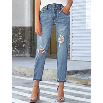 Vetinee Women's Gentle Sea Blue High Rise Front Buttons Destroyed Boyfriend Tapered Mom Jeans Washed Distressed Ripped Broken Holes Casual Denim Pants Size Large