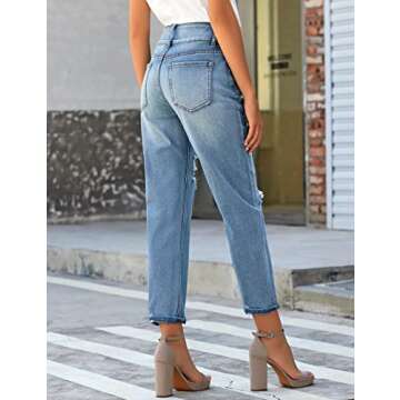 Vetinee Women's Gentle Sea Blue High Rise Front Buttons Destroyed Boyfriend Tapered Mom Jeans Washed Distressed Ripped Broken Holes Casual Denim Pants Size Large