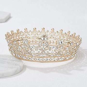SWEETV Full Round Tiaras and Crowns for Women, Wedding Tiara for Bride, Crystal Queen Crown for Pageant Birthday Party Cake Topper, Rose Gold