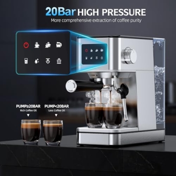 QJA Espresso Machine with Milk Frother, 20 Bar Compact Coffee Machine with Touch Screen & 57.5oz Rem...