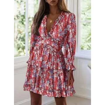 Dokotoo Womens Cute Summer Summer Casual Sexy Deep V Neck Ruffle Chiffon Lantern Long Sleeve Elegant Floral Printed Boho Hawaiian Flowy Mini Short Skirt Dresses for Women Party 2025 Small