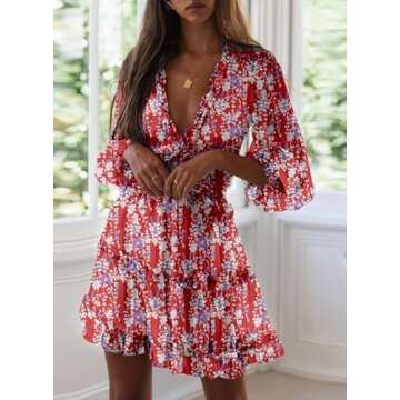 Dokotoo Womens Cute Summer Summer Casual Sexy Deep V Neck Ruffle Chiffon Lantern Long Sleeve Elegant Floral Printed Boho Hawaiian Flowy Mini Short Skirt Dresses for Women Party 2025 Small