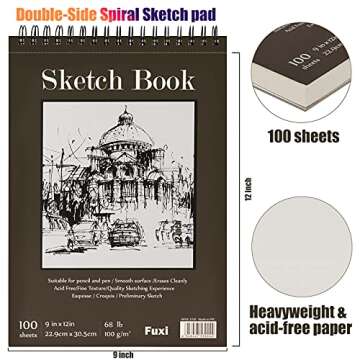 9" x 12" Sketch Book, Top Spiral Bound Sketch Pad, 2 Packs 100 Sheets Each (68lb/100gsm), Acid Free ...