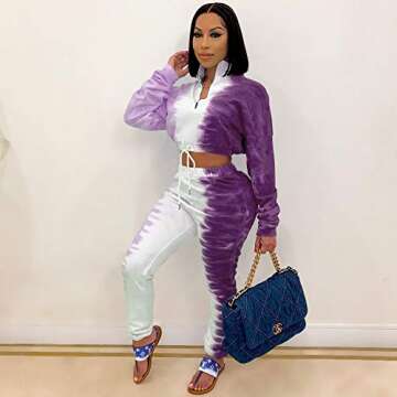 TOPSRANI Womens 2 Piece Outfits Casual Tracksuit Tie Dye Sweatsuits Long Sleeve Joggers Workout Pants Set Purple L