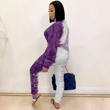 TOPSRANI Womens 2 Piece Outfits Casual Tracksuit Tie Dye Sweatsuits Long Sleeve Joggers Workout Pants Set Purple L