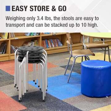 Norwood Commercial Furniture Stacking Stools for Kids and Adults, 17.75" Standard Height Portable Nesting Office and Classroom Stools, Black/Silver, Pack of 5